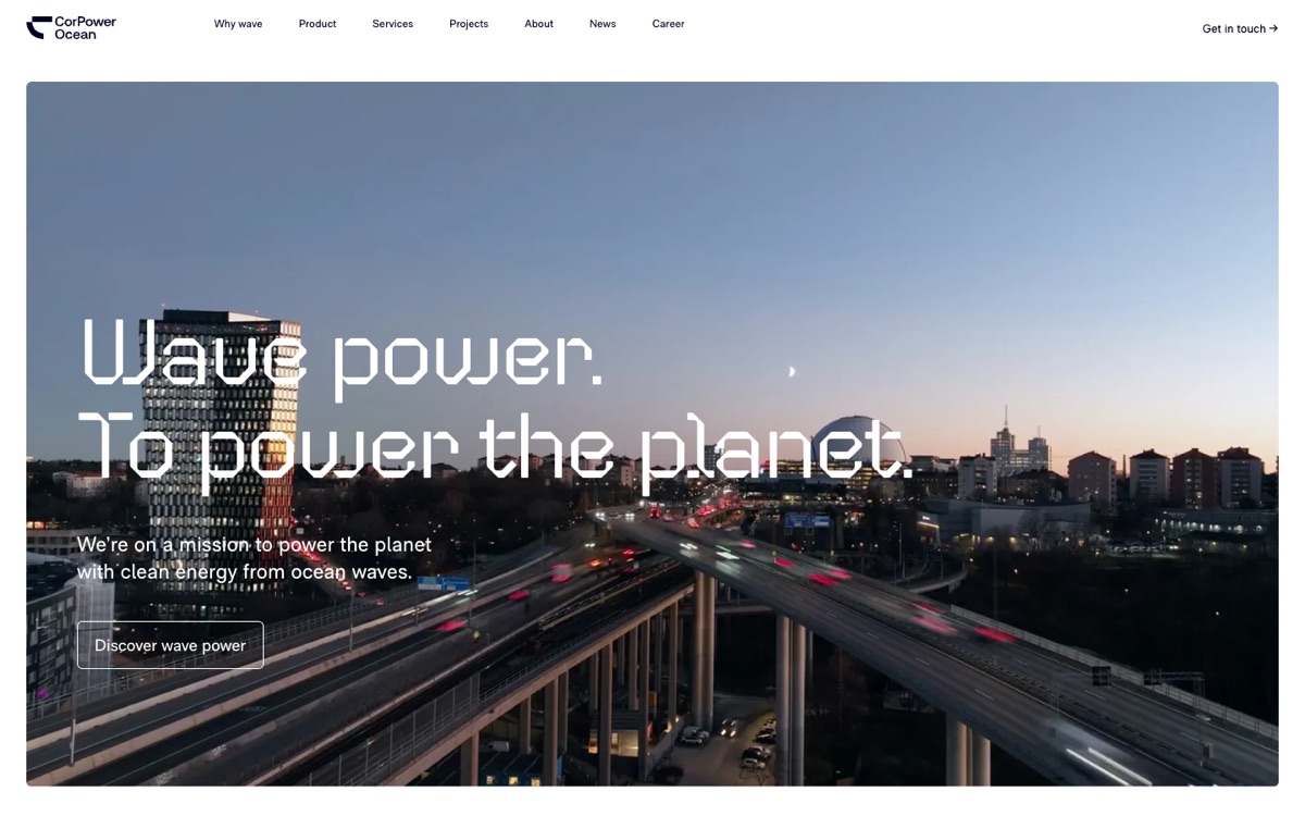 CorPower Oceans webbplats med rubriken Wave power. To power the planet.